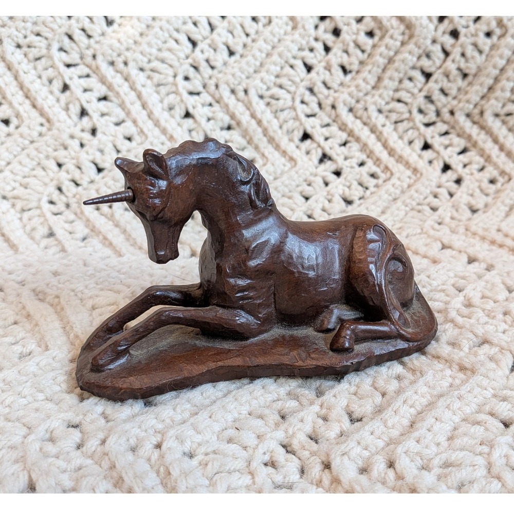Red Mill Mfg Handcrafted Reclining Unicorn Figurine Brown Wood Resin Decor 5.5in